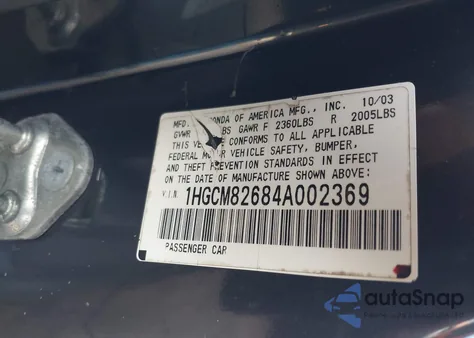 2004 Honda Accord 3.0 Ex из США, поврежденный, VIN 1HGCM82684A002369